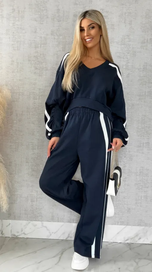 Bawełniany DRES w granatowym kolorze z białymi wstawkami - R474