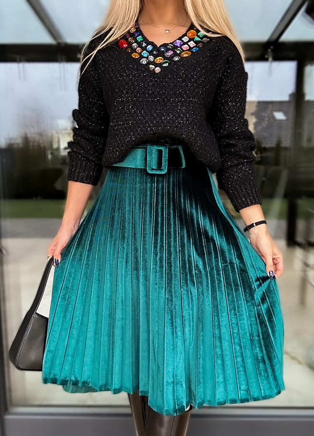 Elegancka aksamitna plisowana spódnica BUTELKOWA ZIELEŃ - M470B