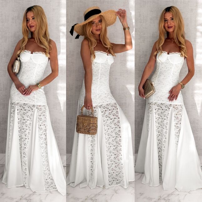 Elegancka maxi długa sukienka z koronki WHITE - S061