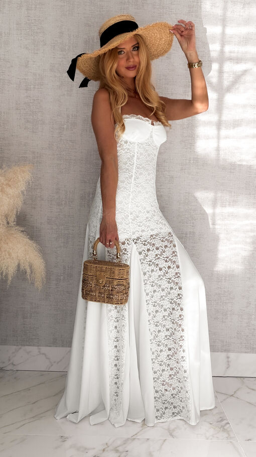 Elegancka maxi długa sukienka z koronki WHITE - S061