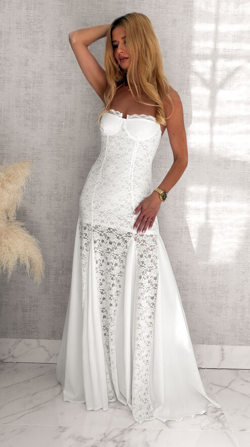 Elegancka maxi długa sukienka z koronki WHITE - S061