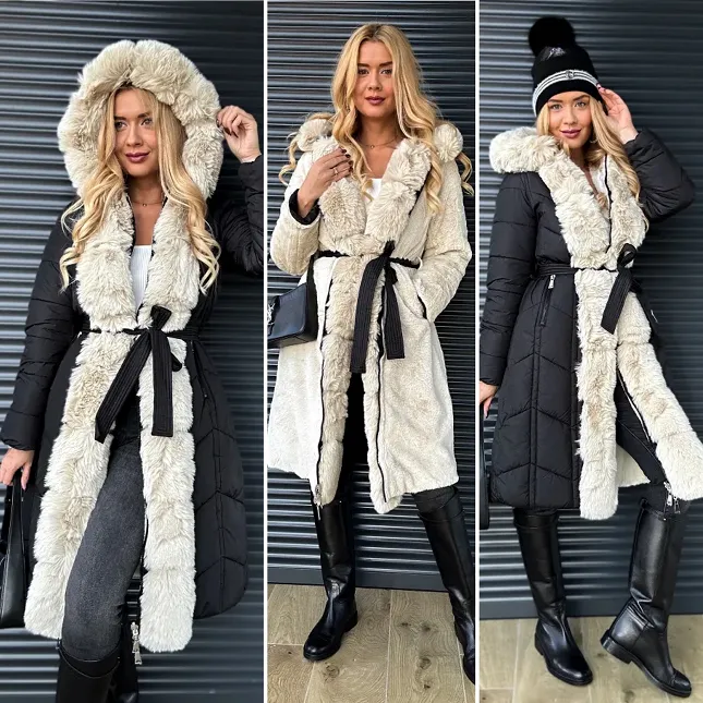 Dwustronny czarny płaszcz łączony z jasnym futerkiem - N869