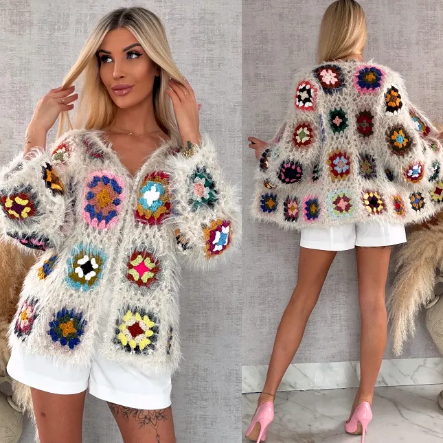 Oryginalny puszysty kardigan szydełkowy na wiosną ONE SIZE - R716