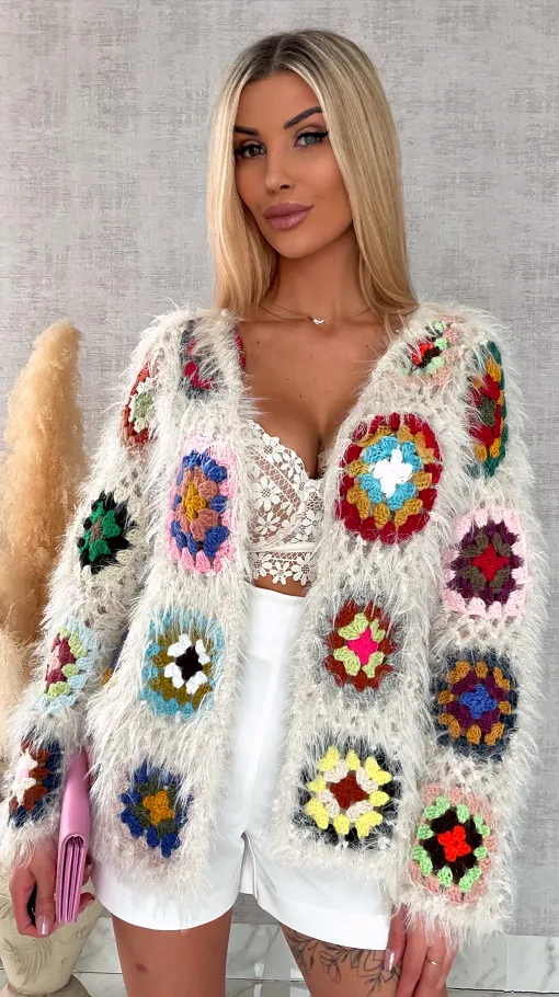 Oryginalny puszysty kardigan szydełkowy na wiosną ONE SIZE - R716