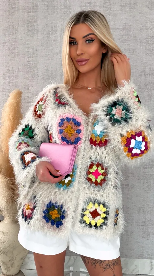 Oryginalny puszysty kardigan szydełkowy na wiosną ONE SIZE - R716