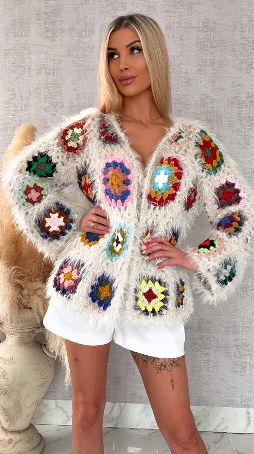 Oryginalny puszysty kardigan szydełkowy na wiosną ONE SIZE - R716