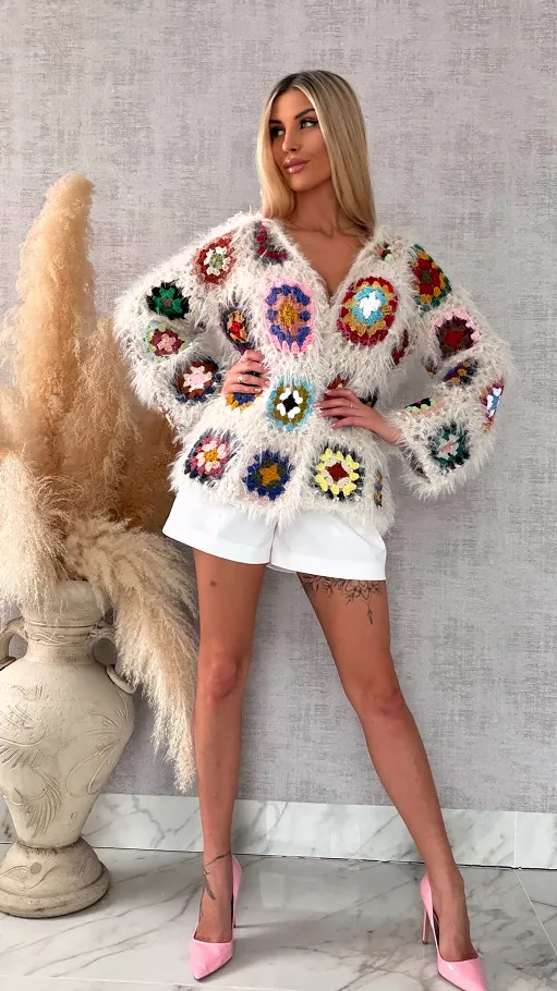 Oryginalny puszysty kardigan szydełkowy na wiosną ONE SIZE - R716