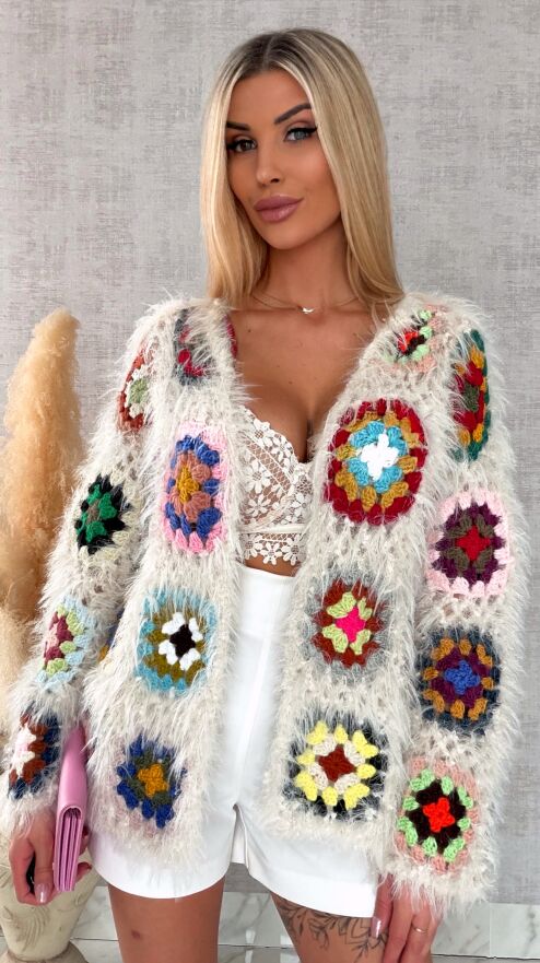 Oryginalny puszysty kardigan szydełkowy na wiosną ONE SIZE - R716