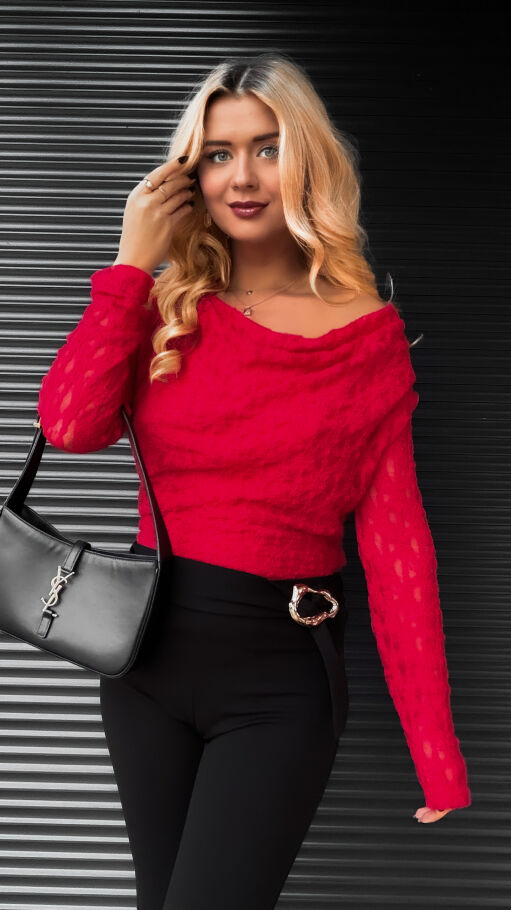 Koronkowa czerwona bluzka z dekoltem woda ONE SIZE - R401A