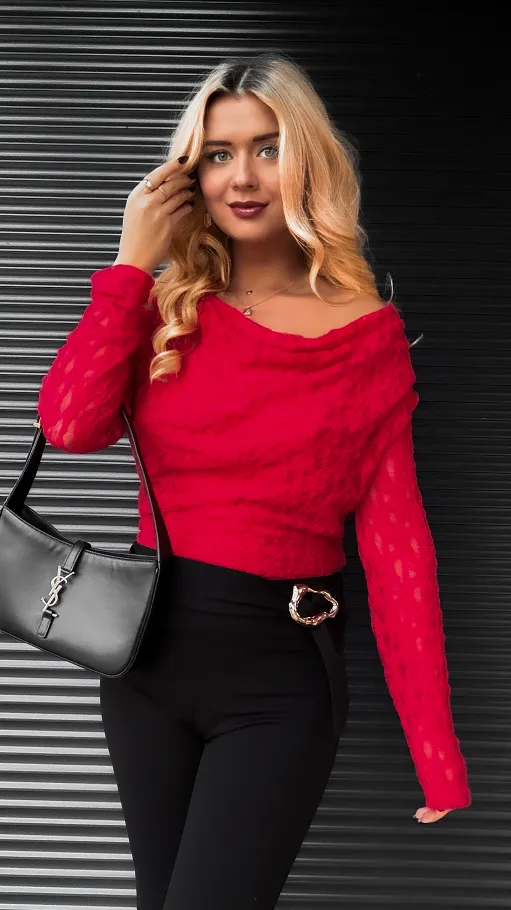Koronkowa czerwona bluzka z dekoltem woda ONE SIZE - R401A