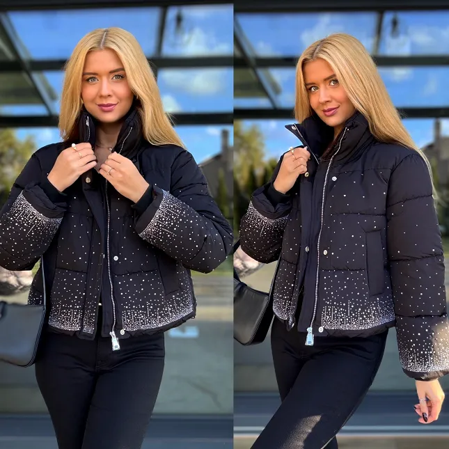 Ekstra czarna kurtka zdobiona cyrkoniami - R201