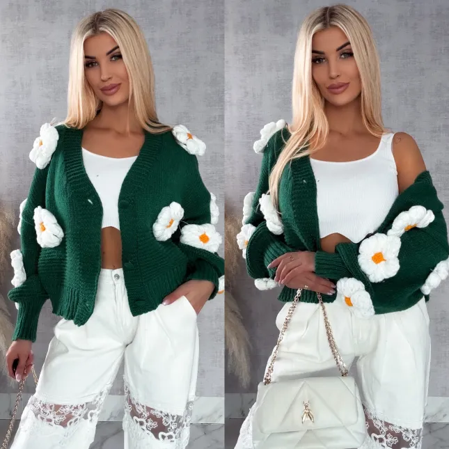 Ekskluzywny zielony sweter kardigan w białe stokrotki ONE SIZE - R415