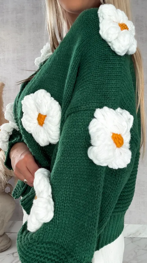 Ekskluzywny zielony sweter kardigan w białe stokrotki ONE SIZE - R415