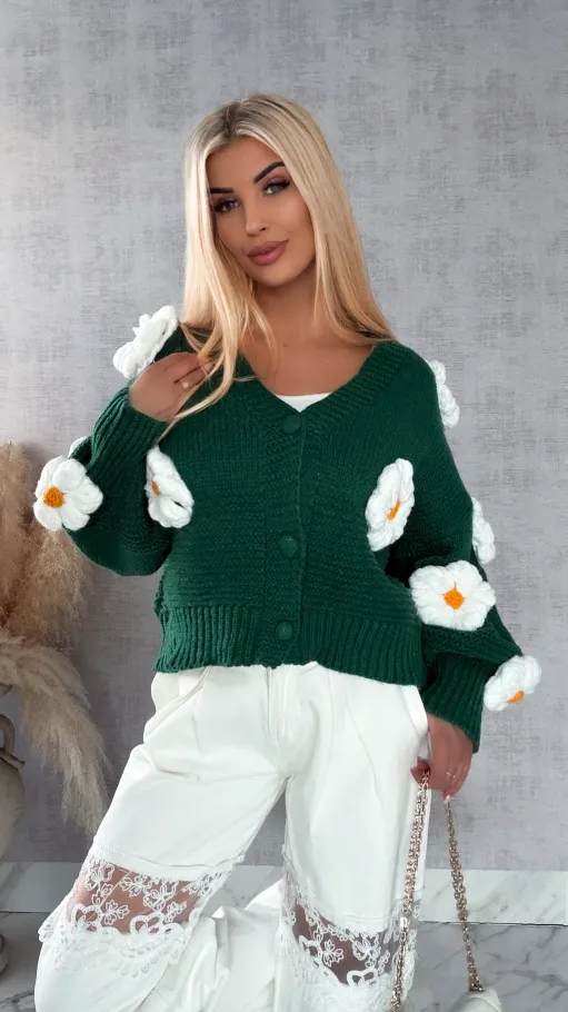 Ekskluzywny zielony sweter kardigan w białe stokrotki ONE SIZE - R415
