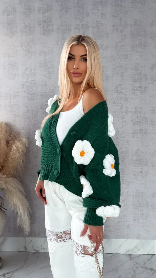 Ekskluzywny zielony sweter kardigan w białe stokrotki ONE SIZE - R415