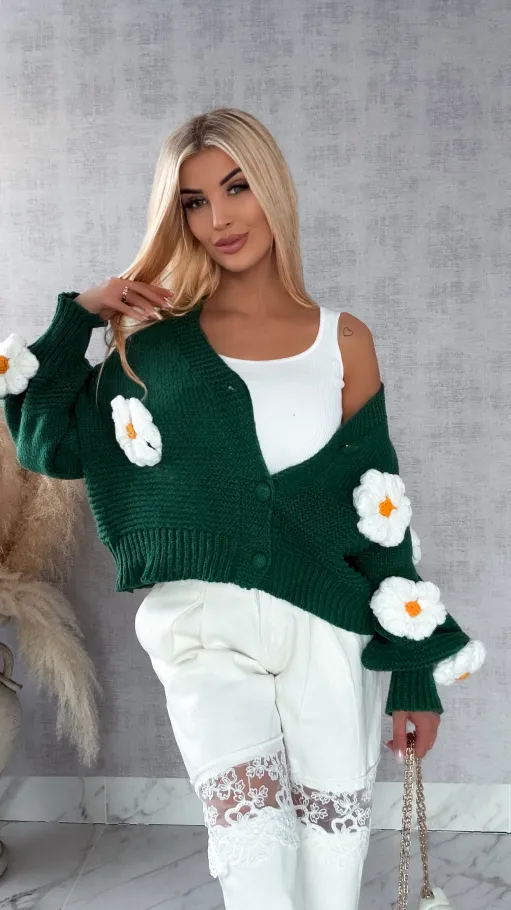 Ekskluzywny zielony sweter kardigan w białe stokrotki ONE SIZE - R415