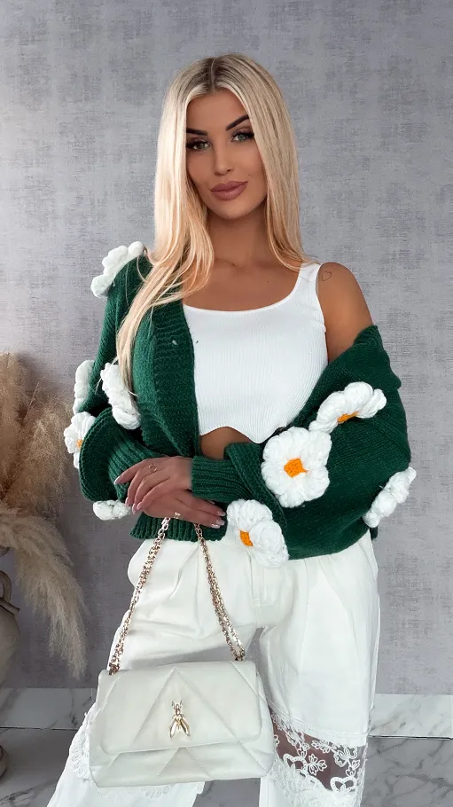 Ekskluzywny zielony sweter kardigan w białe stokrotki ONE SIZE - R415