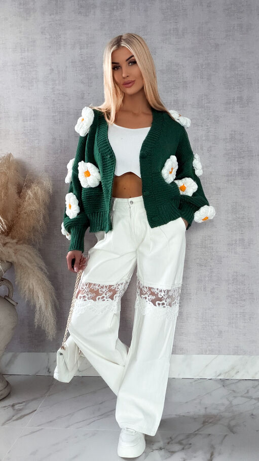 Ekskluzywny zielony sweter kardigan w białe stokrotki ONE SIZE - R415