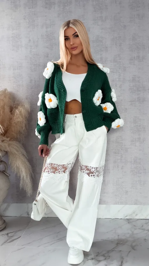 Ekskluzywny zielony sweter kardigan w białe stokrotki ONE SIZE - R415