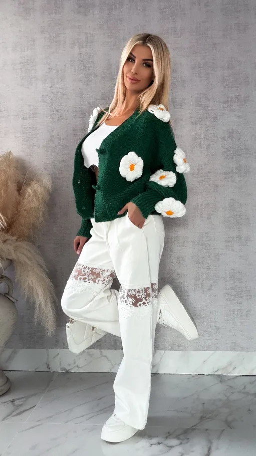 Ekskluzywny zielony sweter kardigan w białe stokrotki ONE SIZE - R415