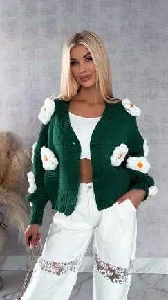 Ekskluzywny zielony sweter kardigan w białe stokrotki ONE SIZE - R415