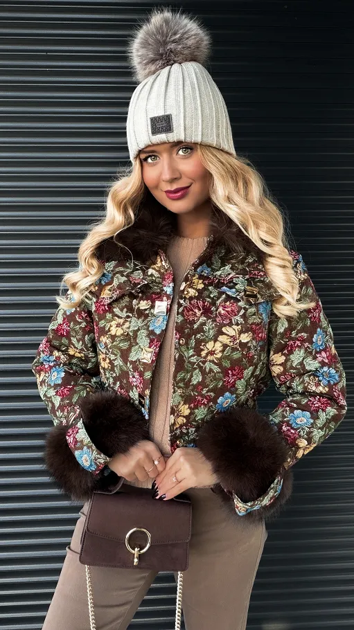 Premium kurtka haftowana w kolorowe kwiaty z futerkiem CZEKOLADOWA - R308A