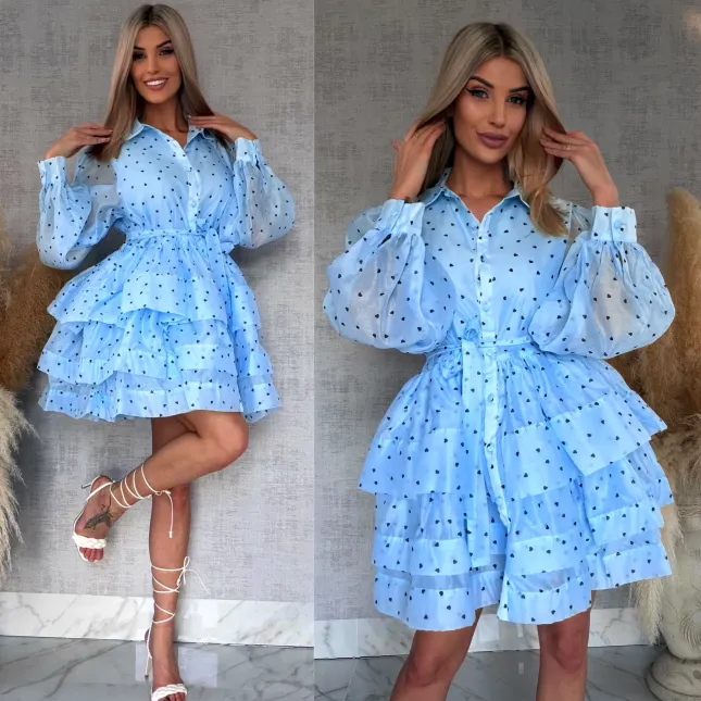 Słodka jedwabna sukienka w serduszka ONE SIZE błękitna - R705B