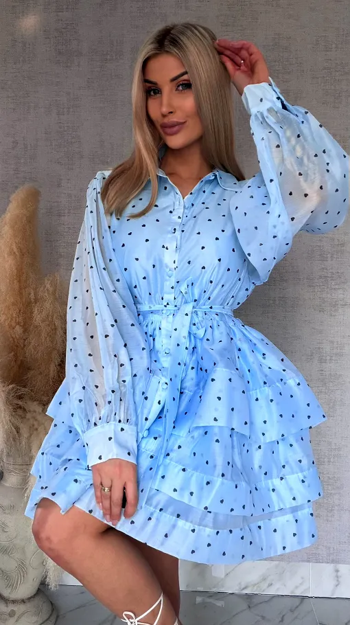 Słodka jedwabna sukienka w serduszka ONE SIZE błękitna - R705B