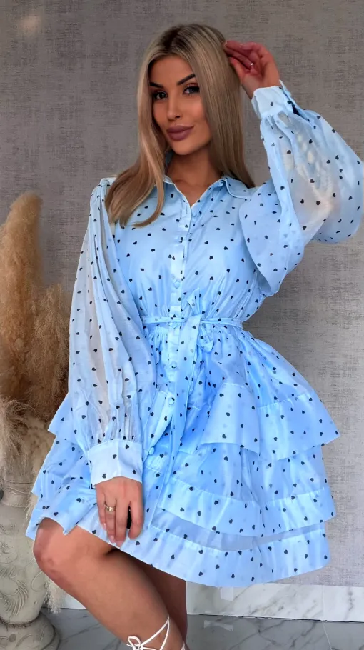 Słodka jedwabna sukienka w serduszka ONE SIZE błękitna - R705B