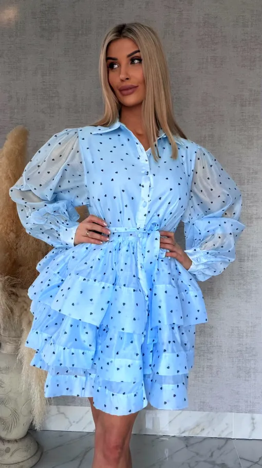 Słodka jedwabna sukienka w serduszka ONE SIZE błękitna - R705B