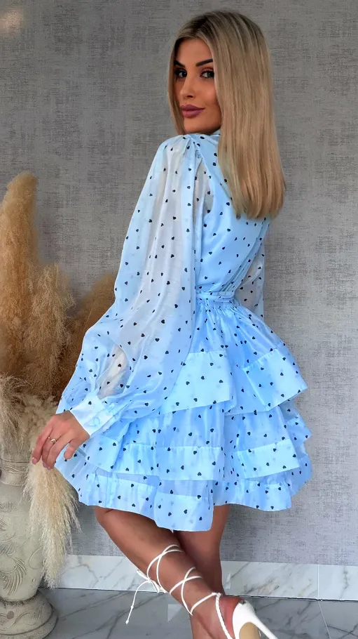 Słodka jedwabna sukienka w serduszka ONE SIZE błękitna - R705B