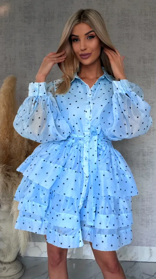 Słodka jedwabna sukienka w serduszka ONE SIZE błękitna - R705B