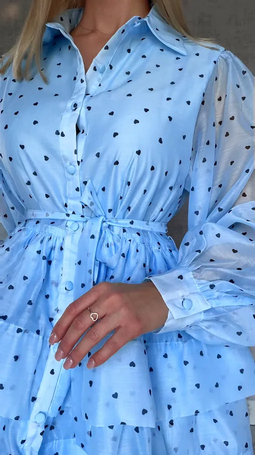 Słodka jedwabna sukienka w serduszka ONE SIZE błękitna - R705B