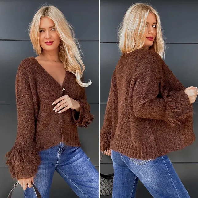 Brązowy krótki kardigan z guzikiem ONE SIZE - P973A