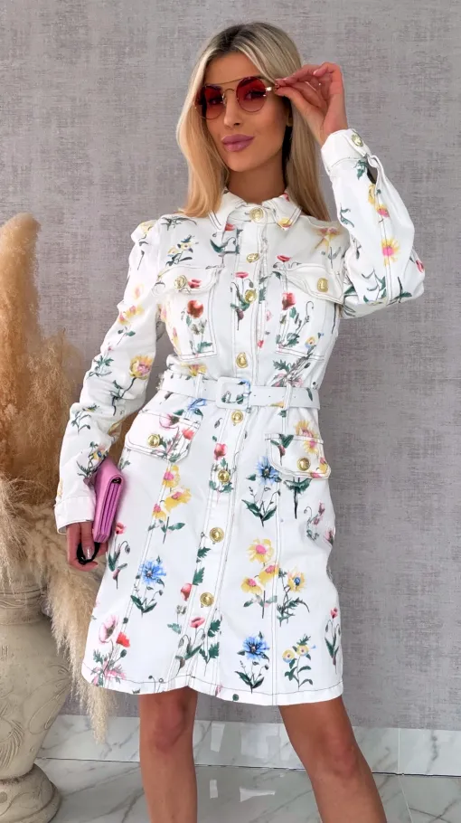 Elastyczna jeansowa sukienka w kwiaty WHITE JEANS - R743