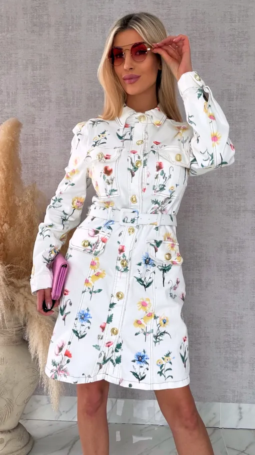 Elastyczna jeansowa sukienka w kwiaty WHITE JEANS - R743