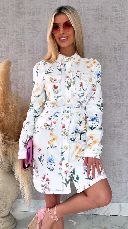Elastyczna jeansowa sukienka w kwiaty WHITE JEANS - R743