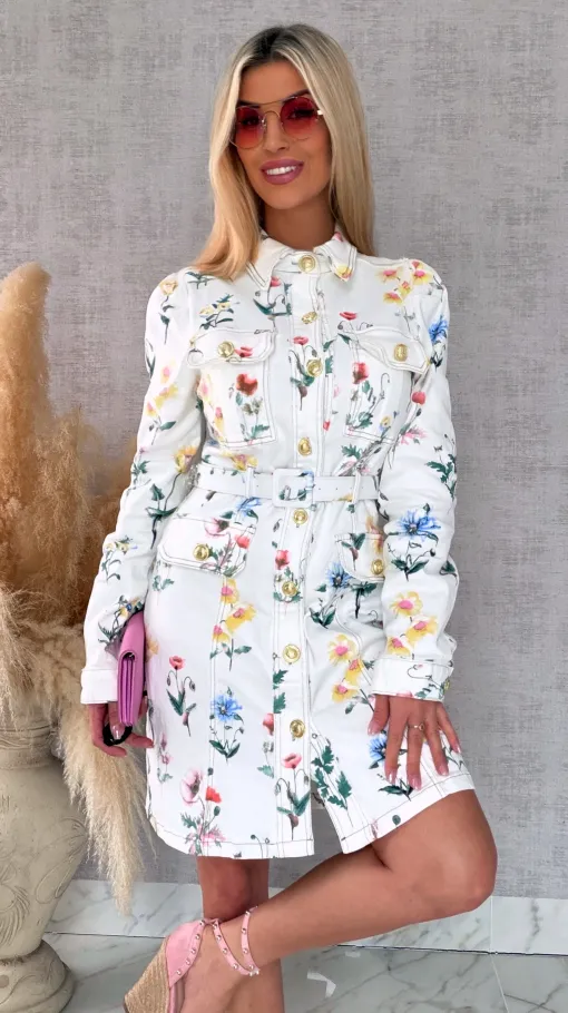 Elastyczna jeansowa sukienka w kwiaty WHITE JEANS - R743