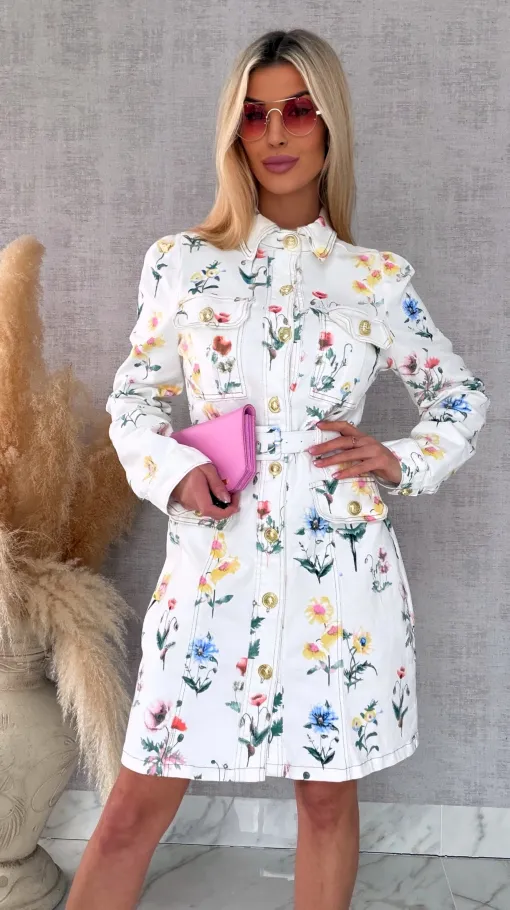 Elastyczna jeansowa sukienka w kwiaty WHITE JEANS - R743