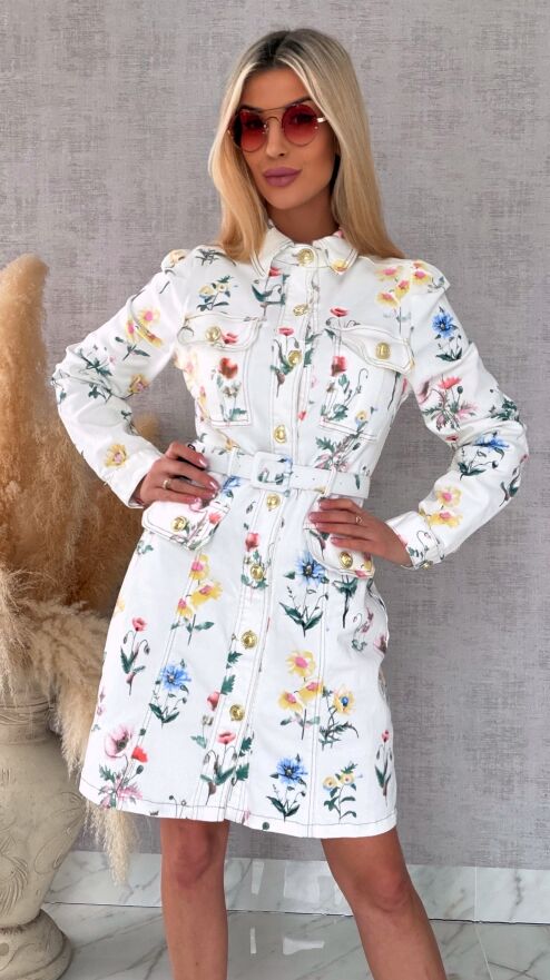 Elastyczna jeansowa sukienka w kwiaty WHITE JEANS - R743