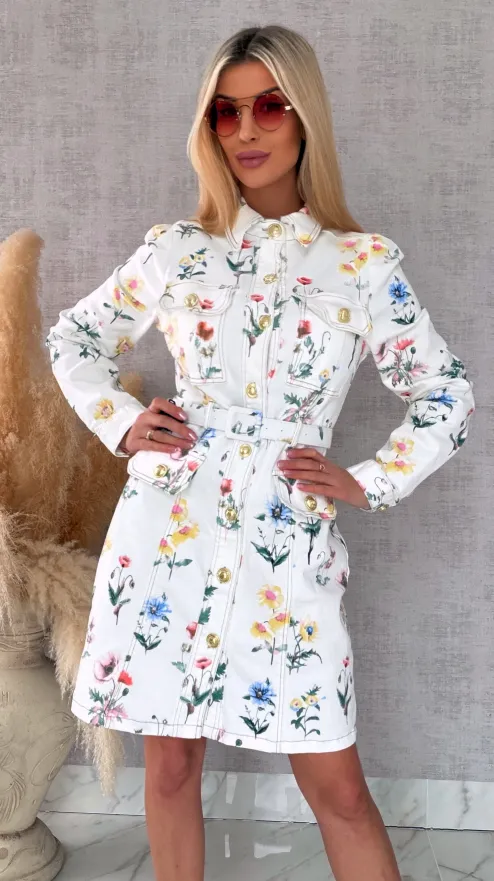 Elastyczna jeansowa sukienka w kwiaty WHITE JEANS - R743