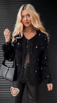 Czarny włochaty sweter na guziki FLUFFY one size - R339A
