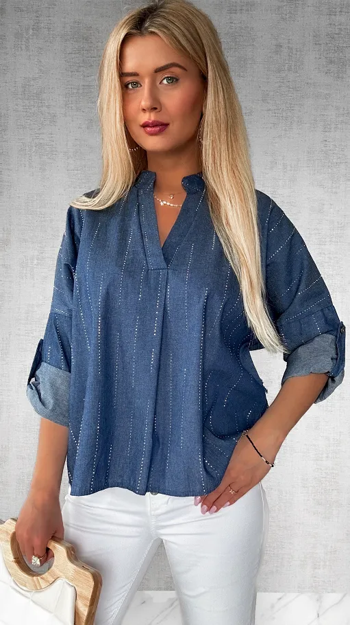Miękka jeansowa bluzka zdobiona mini cyrkoniami ONE SIZE - P452