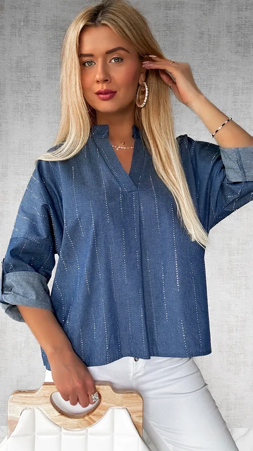 Miękka jeansowa bluzka zdobiona mini cyrkoniami ONE SIZE - P452
