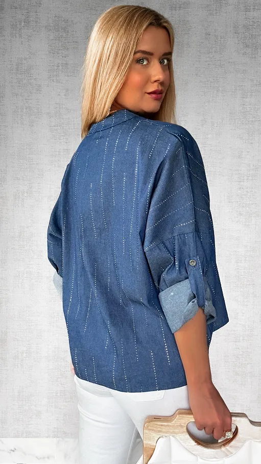 Miękka jeansowa bluzka zdobiona mini cyrkoniami ONE SIZE - P452