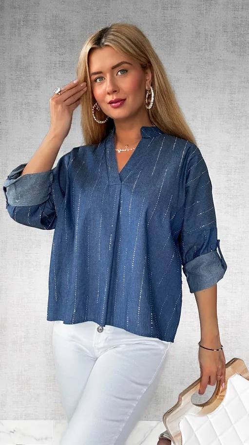 Miękka jeansowa bluzka zdobiona mini cyrkoniami ONE SIZE - P452
