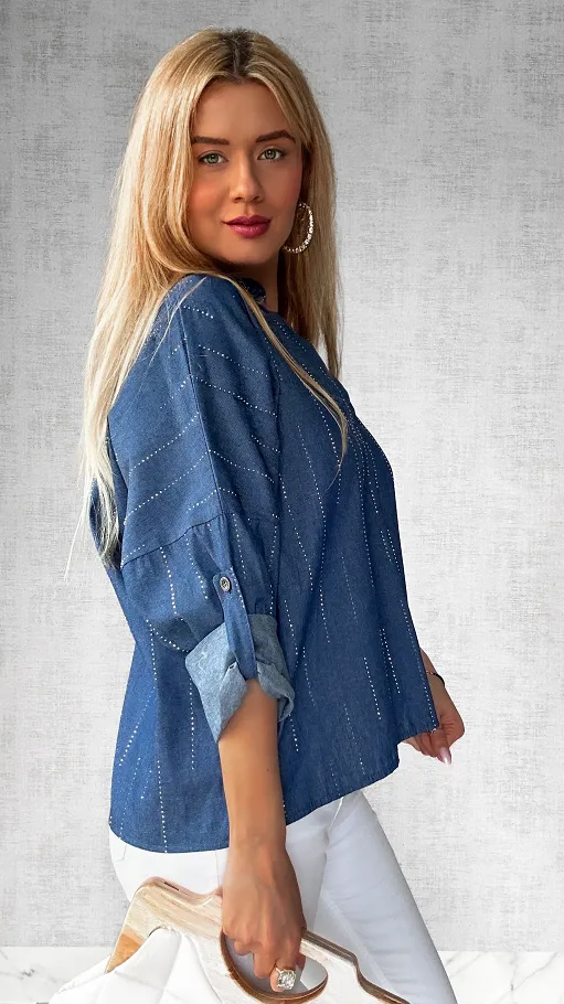 Miękka jeansowa bluzka zdobiona mini cyrkoniami ONE SIZE - P452