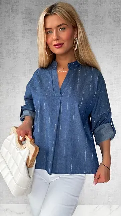 Miękka jeansowa bluzka zdobiona mini cyrkoniami ONE SIZE - P452