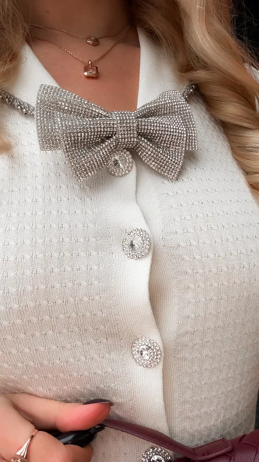 Dzianinowa świąteczna bluzka z kokardą ECRU one size - R376A