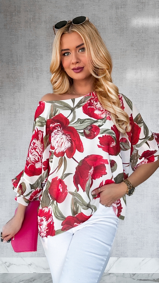 Luźna bluzka w czerwone kwiaty z ozdobnymi rękawami ONE SIZE - P456